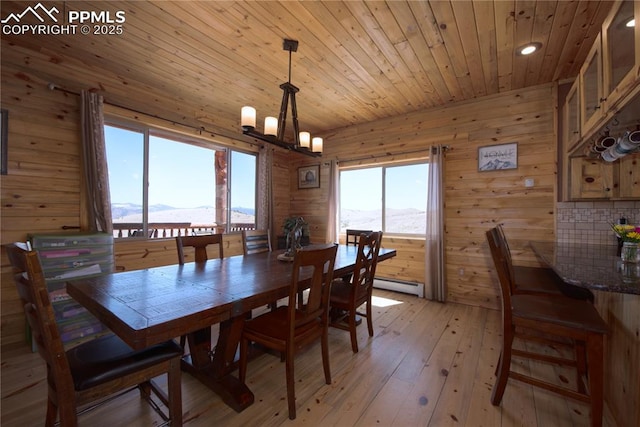 1160 Diamond Back Trl, Canon City, CO 81212 - dining area with a mountain view, baseboard heating, wood ceiling, light wood-style floors, and a chandelier