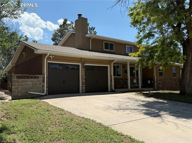251 Fay Dr, Colorado Springs, CO 80911 - view of front of house featuring driveway, a garage, a chimney, and stone siding