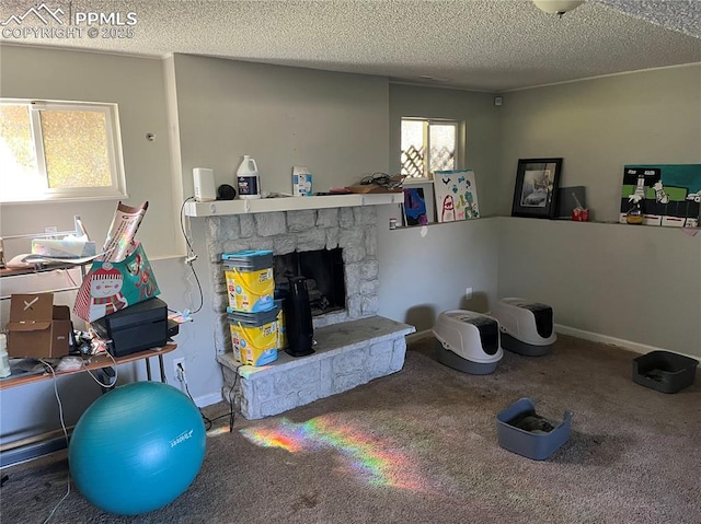 4095 Candea Ct, Colorado Springs, CO 80916 - living area featuring carpet flooring, a textured ceiling, and a fireplace