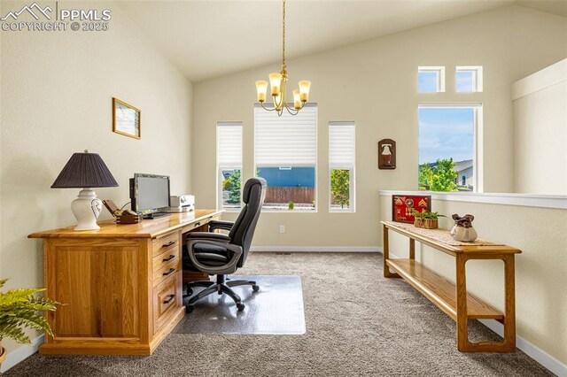 2997 Bright Moon Dr, Colorado Springs, CO 80908 - office area with lofted ceiling, a chandelier, and light colored carpet