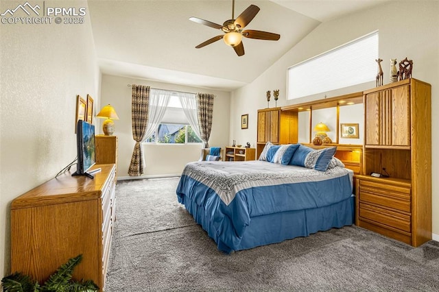 2997 Bright Moon Dr, Colorado Springs, CO 80908 - bedroom featuring carpet, high vaulted ceiling, and a ceiling fan