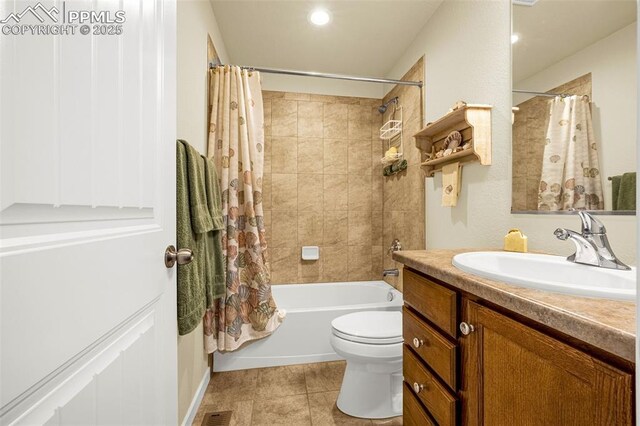 2997 Bright Moon Dr, Colorado Springs, CO 80908 - bathroom featuring vanity, shower / bath combination with curtain, tile patterned floors, and recessed lighting