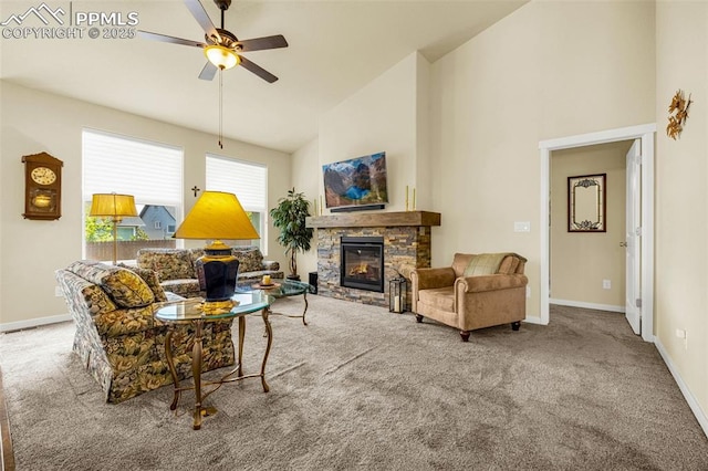 2997 Bright Moon Dr, Colorado Springs, CO 80908 - carpeted living area featuring high vaulted ceiling, a ceiling fan, and a fireplace