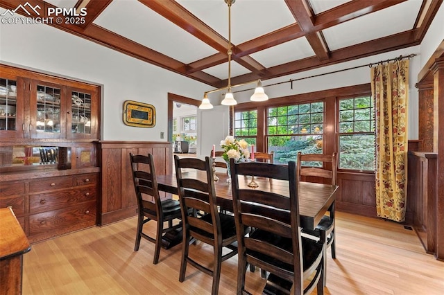 13 2nd St, Colorado Springs, CO 80906 - dining space featuring coffered ceiling, light wood-style floors, beam ceiling, and a wainscoted wall