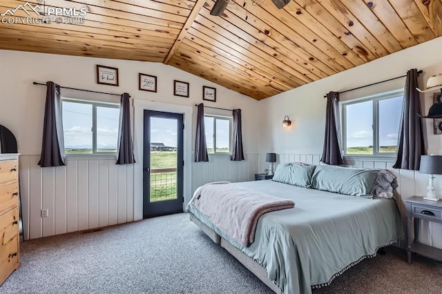 6925 Ht Ranch Trl, Colorado Springs, CO 80908 - bedroom with lofted ceiling, wooden ceiling, carpet flooring, access to exterior, and multiple windows
