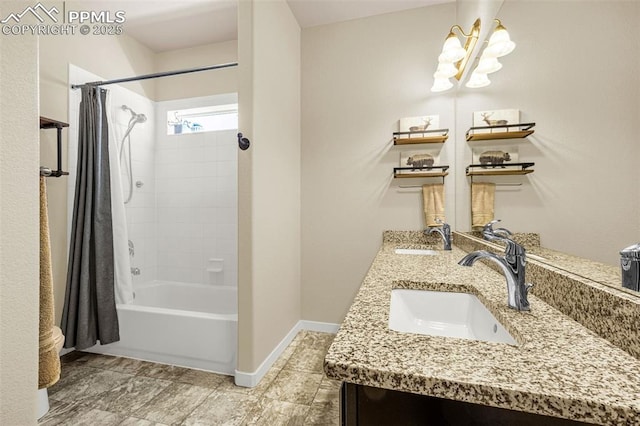 4187 Notch Trl, Colorado Springs, CO 80924 - full bathroom with shower / bath combo, double vanity, and a chandelier