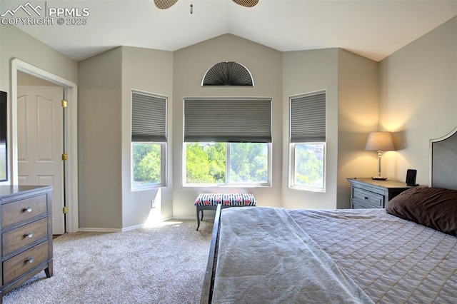 7544 Lake Ave, Fountain, CO 80817 - bedroom featuring carpet, vaulted ceiling, and a ceiling fan