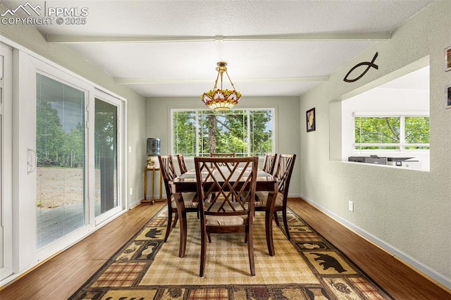 269 Evergreen Rd, Woodland Park, CO 80863 - dining area with wood finished floors, beam ceiling, and a textured wall