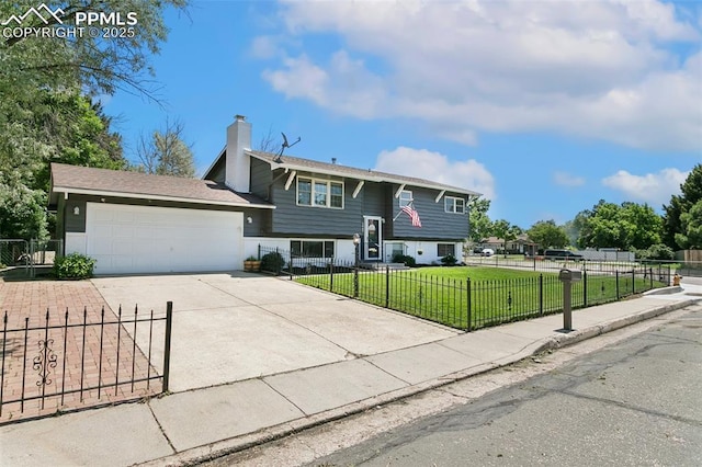 4603 Bella Dr, Colorado Springs, CO 80918 - bi-level home with concrete driveway, a garage, a fenced front yard, and a chimney