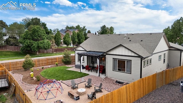 6792 David Anthony Ct, Colorado Springs, CO 80922 - rear view of house with a patio, a shingled roof, board and batten siding, and a fenced backyard