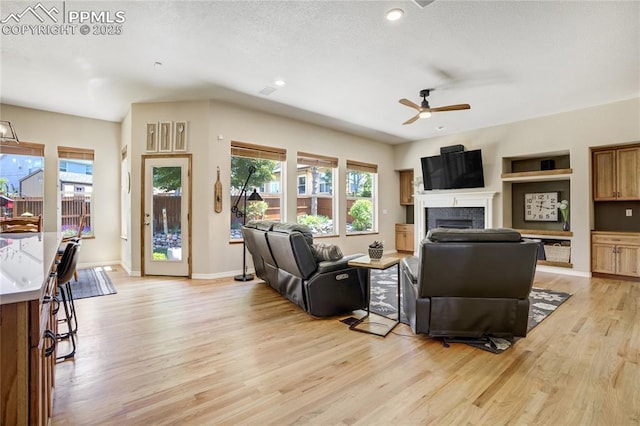 5763 Show Down Ln, Colorado Springs, CO 80923 - living area featuring light wood-type flooring, a fireplace, a ceiling fan, and recessed lighting