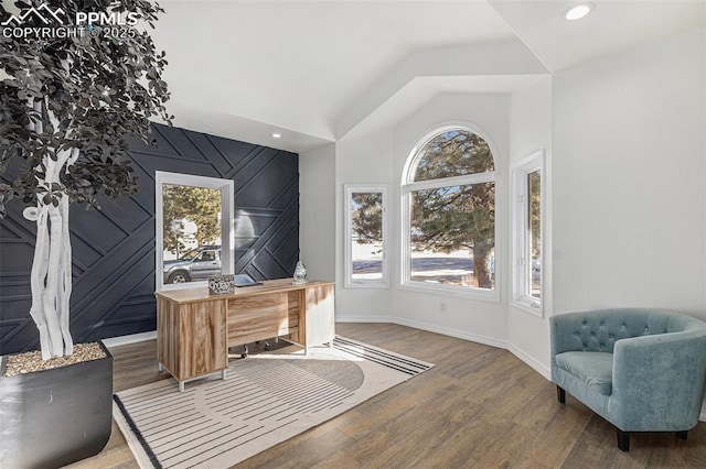 17870 New London Rd, Monument, CO 80132 - home office with wood finished floors, vaulted ceiling, and recessed lighting