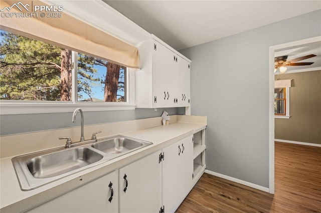 2925 M Path, Cotopaxi, CO 81223 - kitchen with dark wood finished floors, a ceiling fan, white cabinets, and light countertops