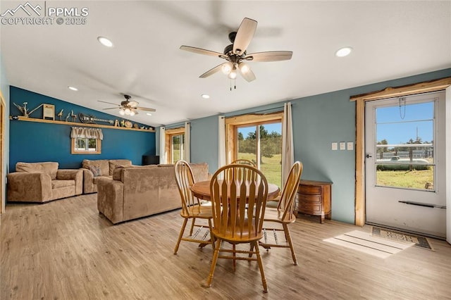 2925 M Path, Cotopaxi, CO 81223 - dining space with ceiling fan, light wood-type flooring, vaulted ceiling, and recessed lighting
