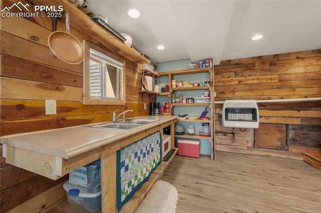 2925 M Path, Cotopaxi, CO 81223 - kitchen featuring heating unit, wood walls, open shelves, light wood-type flooring, and recessed lighting