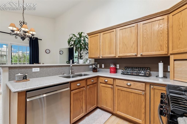 968 Samuel Pt, Colorado Springs, CO 80906 - kitchen featuring stainless steel dishwasher, a peninsula, a chandelier, light countertops, and hanging light fixtures