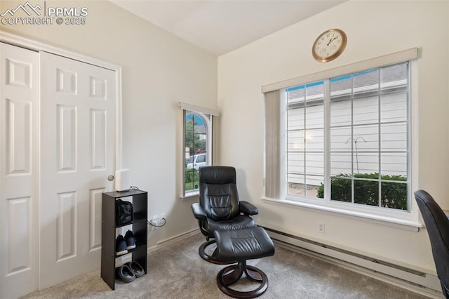 968 Samuel Pt, Colorado Springs, CO 80906 - living area with baseboard heating, carpet, and plenty of natural light