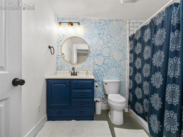 1205 N Picketwire Ln, Pueblo West, CO 81007 - full bathroom featuring vanity, wallpapered walls, and curtained shower