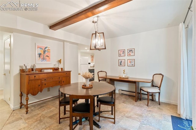 155 Grayson Ct, Colorado Springs, CO 80906 - dining space with baseboard heating, beamed ceiling, and a chandelier
