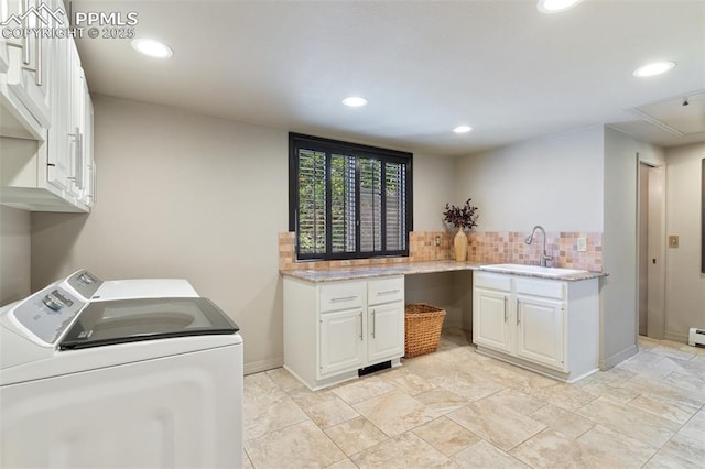 155 Grayson Ct, Colorado Springs, CO 80906 - laundry area featuring washer and clothes dryer, cabinet space, recessed lighting, and baseboard heating