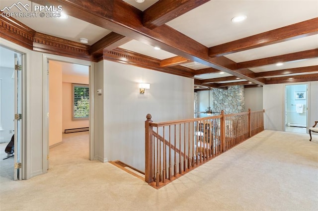 155 Grayson Ct, Colorado Springs, CO 80906 - hallway featuring an upstairs landing, carpet, beam ceiling, baseboard heating, and recessed lighting