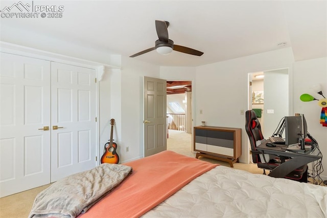 155 Grayson Ct, Colorado Springs, CO 80906 - bedroom featuring light colored carpet, ceiling fan, and a closet
