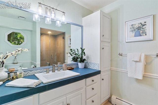 155 Grayson Ct, Colorado Springs, CO 80906 - full bath with vanity, a shower stall, and a baseboard heating unit