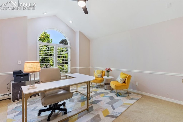 155 Grayson Ct, Colorado Springs, CO 80906 - carpeted office space featuring ceiling fan, lofted ceiling, and a baseboard heating unit