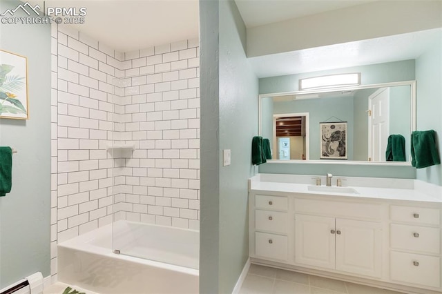 155 Grayson Ct, Colorado Springs, CO 80906 - full bathroom with a baseboard radiator, vanity, tub / shower combination, and tile patterned flooring