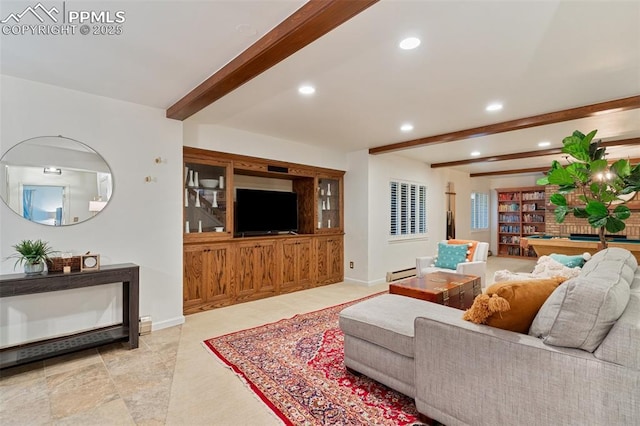 155 Grayson Ct, Colorado Springs, CO 80906 - living area featuring beamed ceiling, recessed lighting, billiards table, and a baseboard heating unit