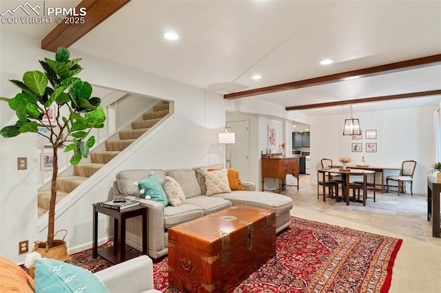 155 Grayson Ct, Colorado Springs, CO 80906 - living area with beamed ceiling, recessed lighting, and stairs