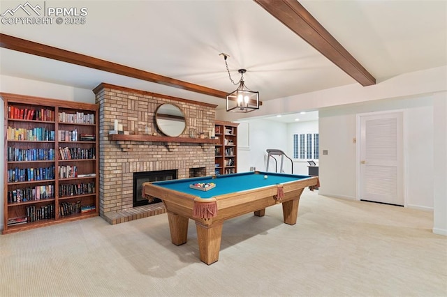 155 Grayson Ct, Colorado Springs, CO 80906 - game room featuring beamed ceiling, a brick fireplace, carpet, and pool table
