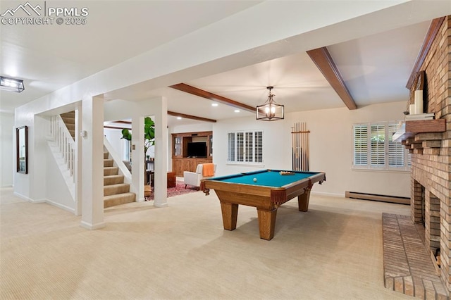 155 Grayson Ct, Colorado Springs, CO 80906 - playroom with a fireplace, light colored carpet, pool table, beam ceiling, and a baseboard radiator