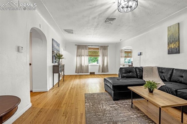 601 N 15th St, Canon City, CO 81212 - living area featuring arched walkways, light wood-style flooring, and a textured ceiling
