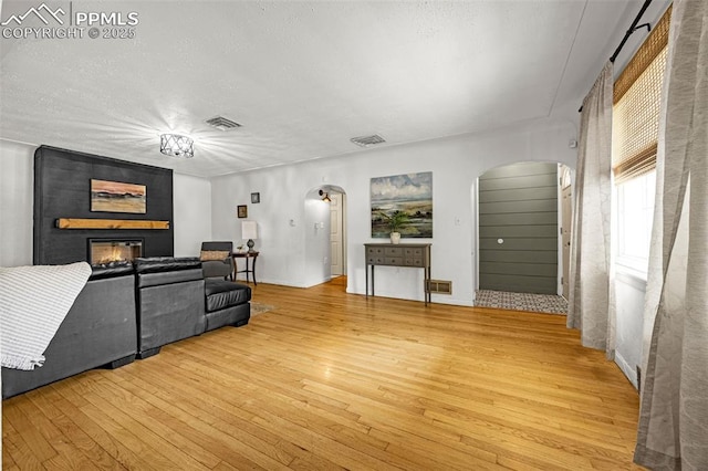 601 N 15th St, Canon City, CO 81212 - living area featuring arched walkways, light wood-type flooring, a fireplace, and a textured ceiling