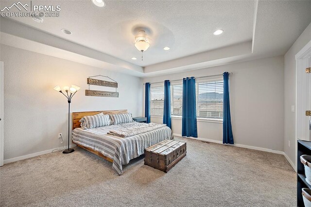 4928 Wolf Moon Dr, Colorado Springs, CO 80911 - carpeted bedroom with recessed lighting, a textured ceiling, and a raised ceiling