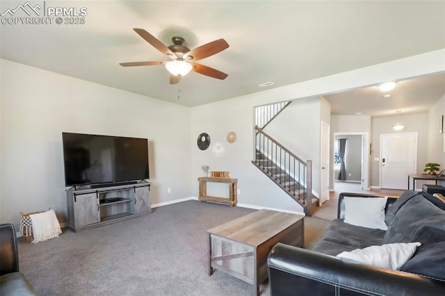 4631 Zircon Dr, Colorado Springs, CO 80938 - carpeted living room with stairs and a ceiling fan