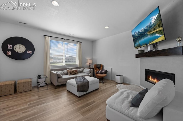 6131 Vickie Ln, Colorado Springs, CO 80923 - living area featuring a glass covered fireplace, wood finished floors, and recessed lighting