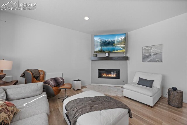 6131 Vickie Ln, Colorado Springs, CO 80923 - living room featuring a glass covered fireplace, wood finished floors, and recessed lighting