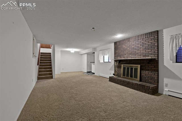 3710 Saddle Rock Rd, Colorado Springs, CO 80918 - unfurnished living room featuring carpet, stairs, baseboard heating, a brick fireplace, and a textured ceiling