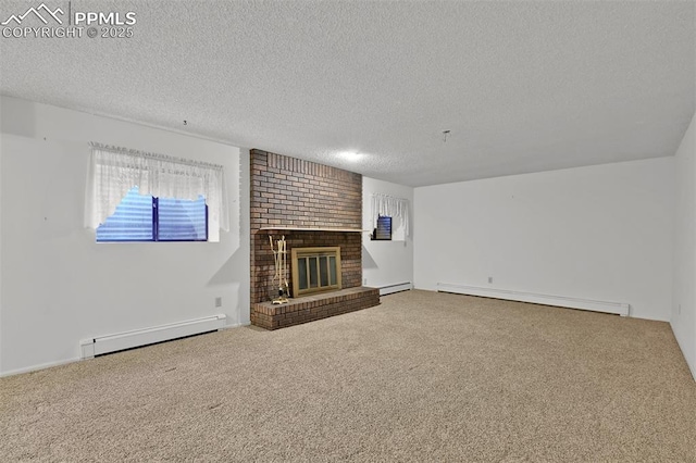 3710 Saddle Rock Rd, Colorado Springs, CO 80918 - unfurnished living room with baseboard heating, a textured ceiling, carpet floors, and a fireplace