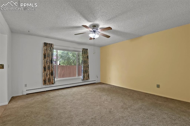 3710 Saddle Rock Rd, Colorado Springs, CO 80918 - spare room featuring a baseboard heating unit, ceiling fan, carpet, and a textured ceiling