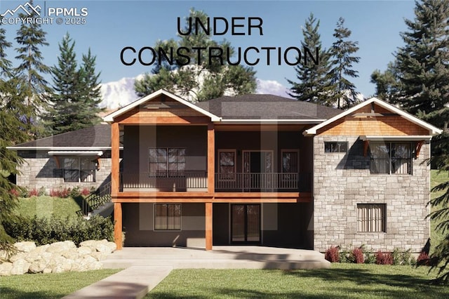 18165 Woodhaven Dr, Colorado Springs, CO 80908 - view of front facade featuring stone siding, a front yard, roof with shingles, and a patio