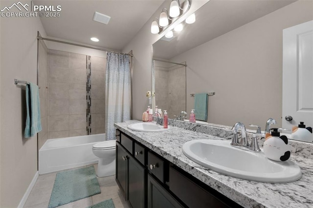 2823 Gobi Dr, Colorado Springs, CO 80939 - full bathroom featuring shower / bath combo, double vanity, tile patterned floors, and recessed lighting