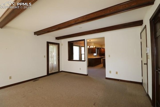 4170 Broadmoor Bluffs Dr, Colorado Springs, CO 80906 - unfurnished room with dark carpet, a chandelier, and beam ceiling
