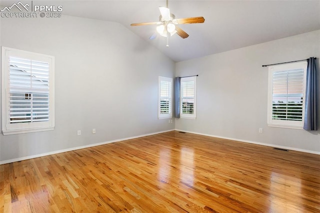 10489 Cedar Breaks Dr, Peyton, CO 80831 - empty room featuring lofted ceiling, ceiling fan, and light wood-style floors