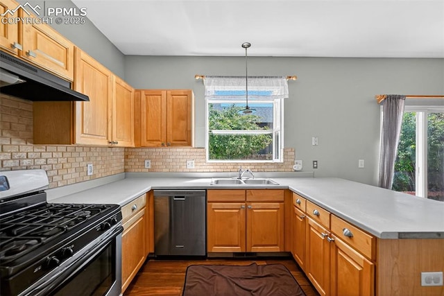 3035 Cascade Falls Pt, Colorado Springs, CO 80922 - kitchen featuring appliances with stainless steel finishes, under cabinet range hood, a peninsula, and light countertops