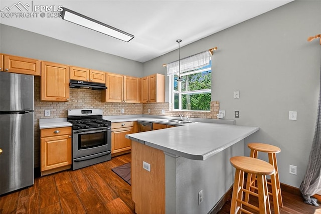 3035 Cascade Falls Pt, Colorado Springs, CO 80922 - kitchen with appliances with stainless steel finishes, under cabinet range hood, backsplash, a peninsula, and dark wood-style flooring