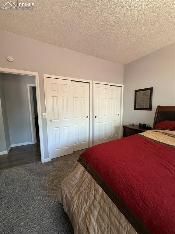 5926 Wisteria Dr, Colorado Springs, CO 80919 - carpeted bedroom featuring multiple closets and a textured ceiling