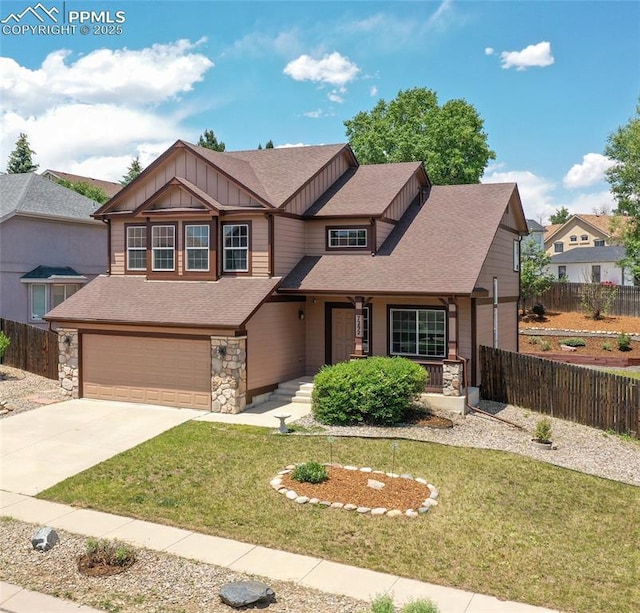 7292 Gardenstone Dr, Colorado Springs, CO 80922 - craftsman house with board and batten siding, a garage, a porch, concrete driveway, and a shingled roof